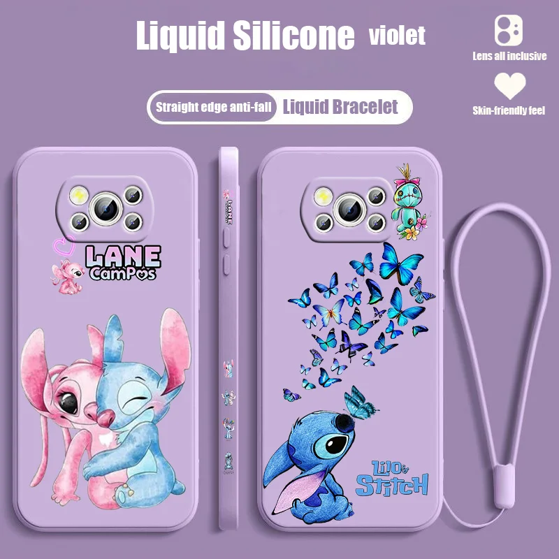 

Disney Stitch Butterfly For POCO C55 C50 C40 M5S M4 M3 F4 F3 X5 X4 X3 X2 NFC GT Pro Liquid Left Rope Lanyard Phone Case