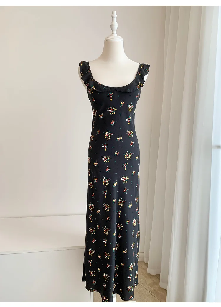 

Women's Ruffles Stitching U-Neck Flower Print Beach Style 100% Silk Midi Dress