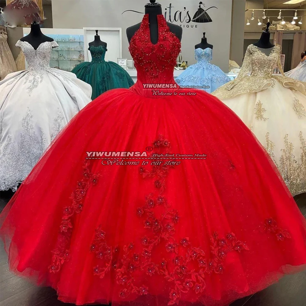 

Red Ball Gown Princess Grils Quinceanera Dresses Halter Neck Appliques Beading Formal Party Dress Sweet 16 Vestidos De 15 Años