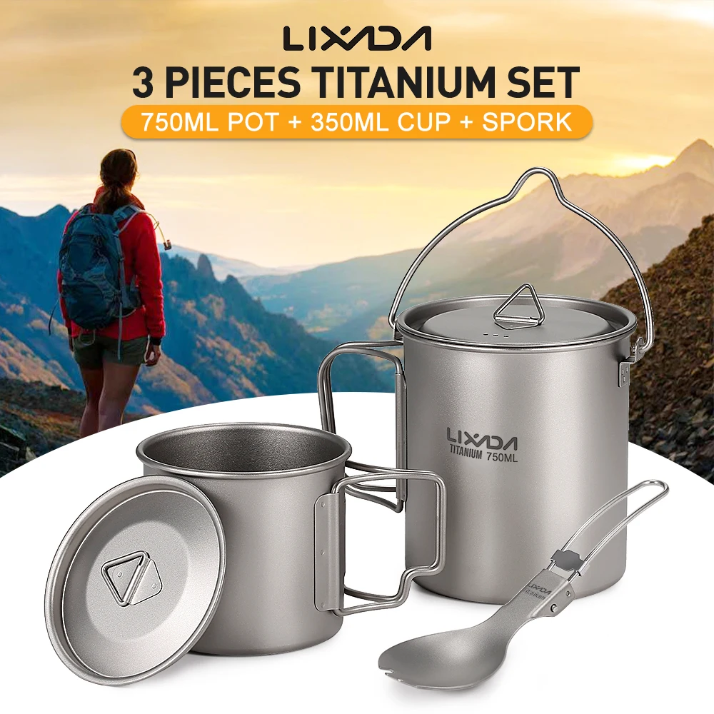 

Lixada Lightweight Titanium 3 Pieces Set Titanium 750ml Pot 450ml Water Cup Mug with Lid Collapsible Handle for Outdoor Camping