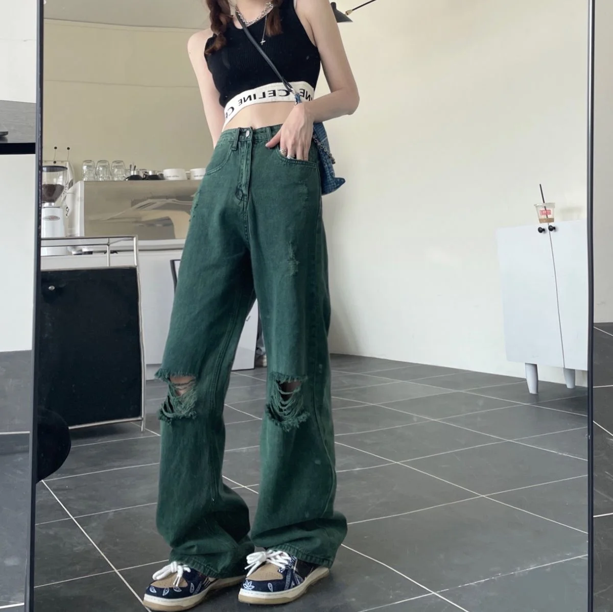 

Summer Thin Knee Hole Dark Green White Jeans Women's High Waist Straight Tube Loose Street Mops Pants