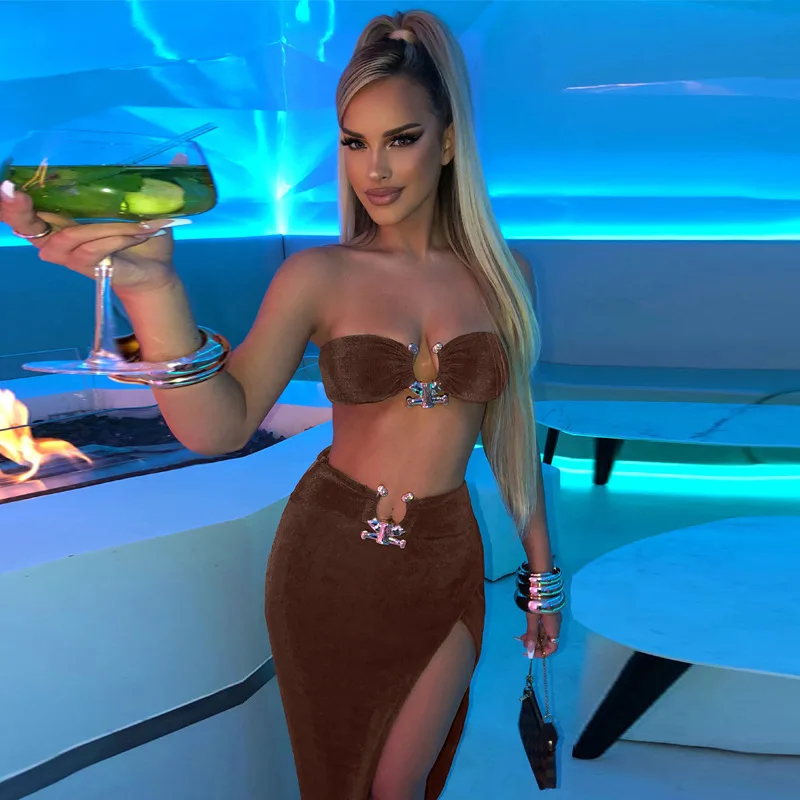 Prom Sexy Bikini Suit Women's Open Navel Patch Bra Solid Color Slit Hip Wrap Skirt Party Beach Skirt Two Piece Set 6 Colors