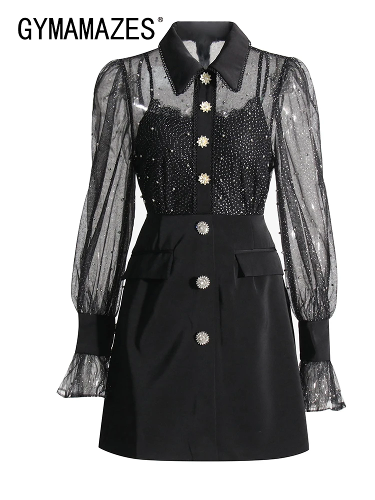 

GYMAMAZES Korean Dress For Women Lapel Long Sleeve Gathered Waist Single Breasted Solid Patchwork Mini Dresses Female Clothing