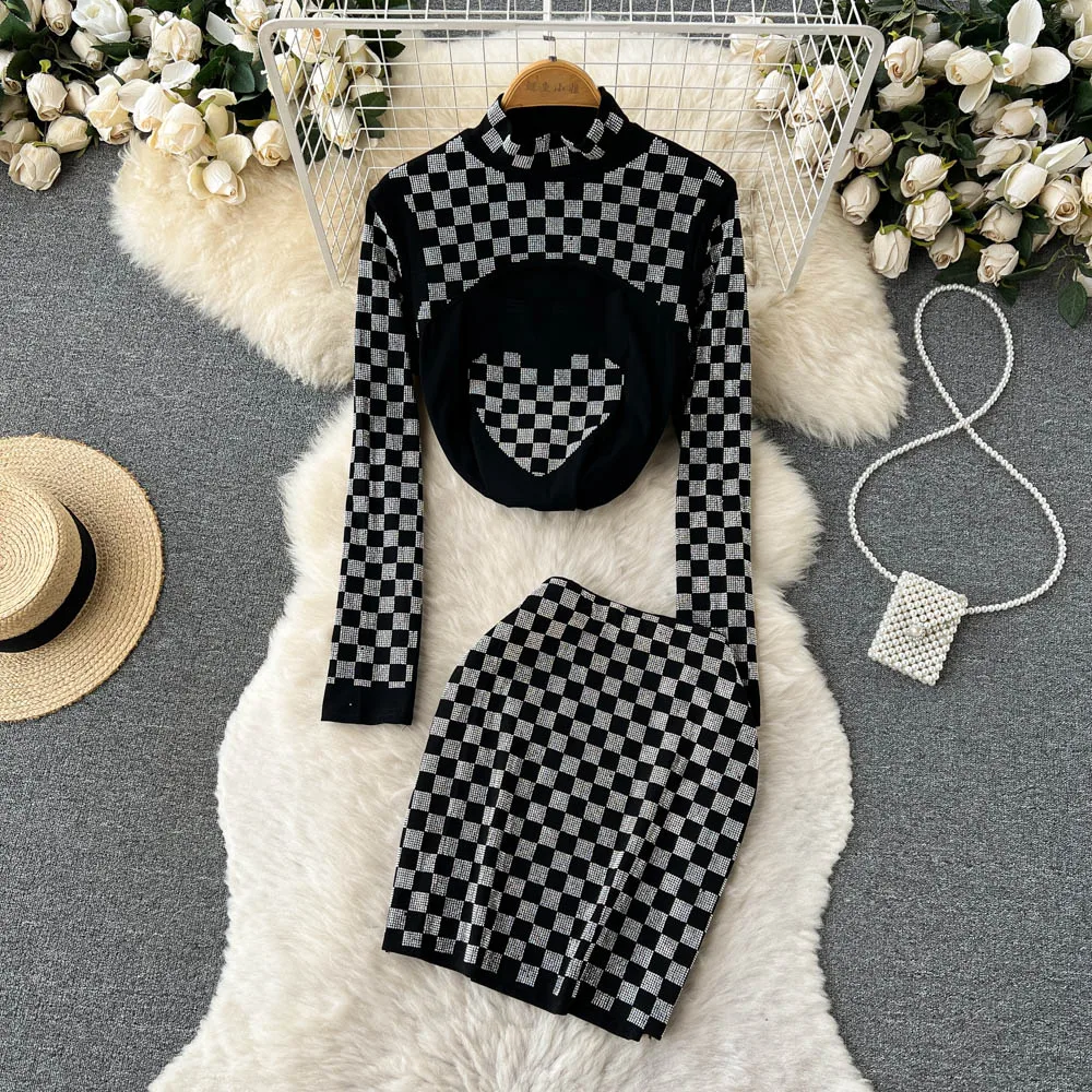 

Amolapha модный осенний комплект из двух предметов для женщин повседневный клетчатый топ с воротником-стойкой + мини-юбка с высокой талией на бе...