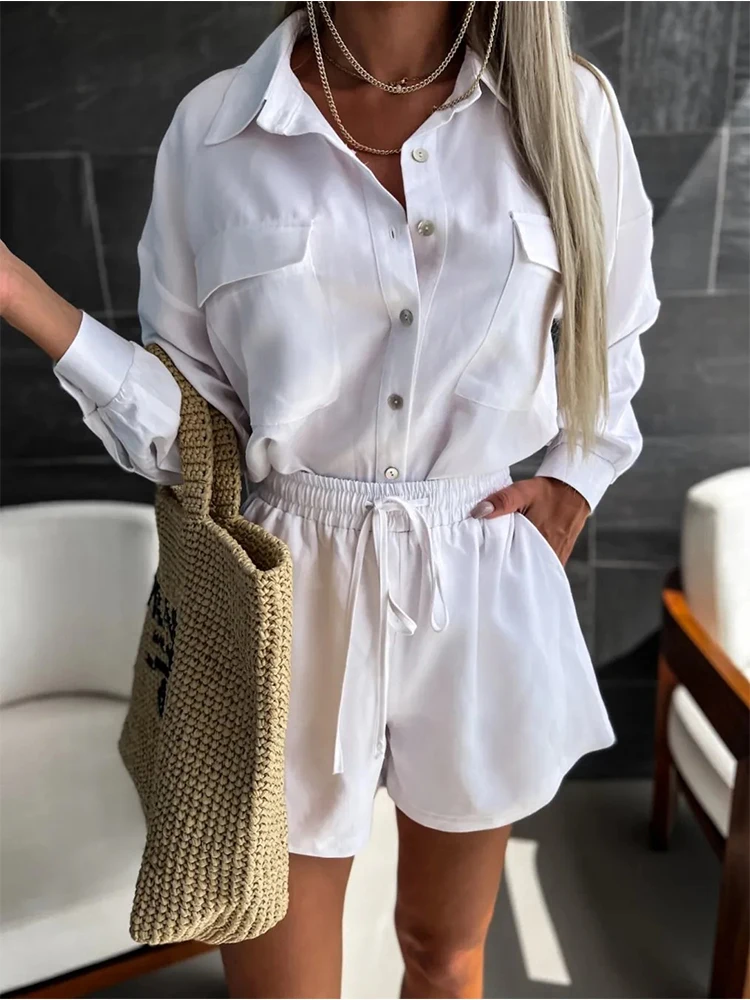 

Spring Autumn Fashion Long Sleeve Lace Two Piece Set Women Elegant Solid Button Lapel Shirt And Pocket Shorts Suit Casual Outfit