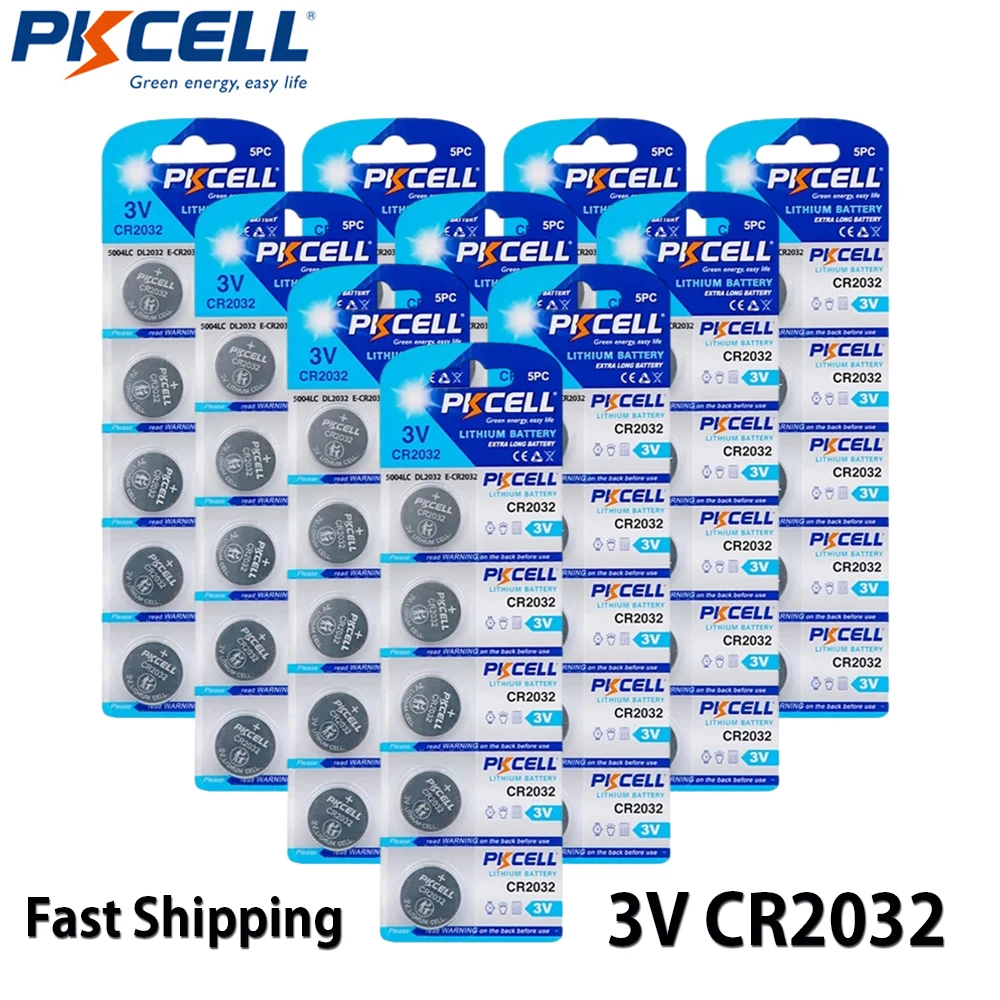 50 шт./10 кнопочный аккумулятор PKCELL CR2032 3 в, 210 мАч, BR2032 ECR2032, литиевый аккумулятор монетного типа для игрушек, часов, игр, термометра