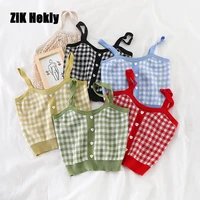 zik hekiy 2022 women summer plaid sweet and spicy vest all match love button slim knitted pure desire suspenders inner top