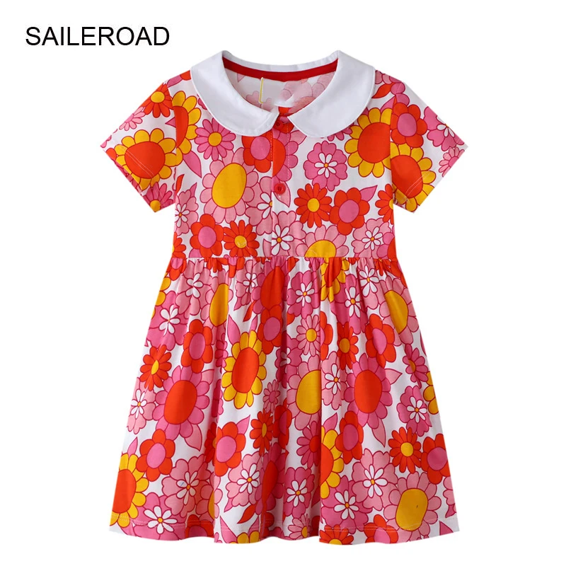 

SAILEROAD 2-7Y 2022 New Summer Children Cotton Short Sleeve Flowers Dresses Kids for Girls Fashion Clothes