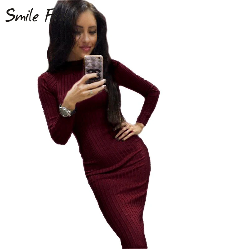 

Knitted Women's Winter Autumn Dresses Robe Black Sexy Midi Sheath Slim Bodycon Dress Elegant Package Hip Long Sleeve Dress GV424