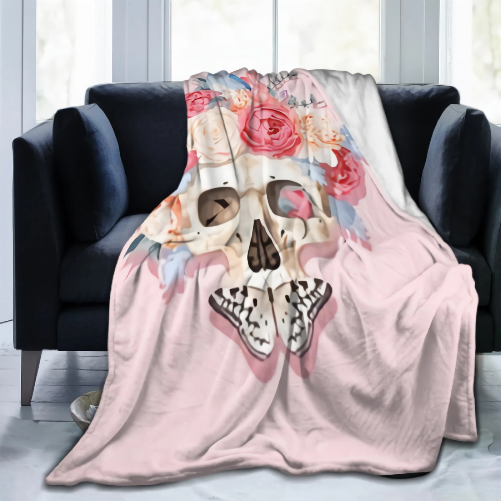 

Plush Blanket Gothic Skull Butterfly Roses Pink Background Sherpa Fleece Blanket Throw Blankets Adults for Crib Bed Couch Chair