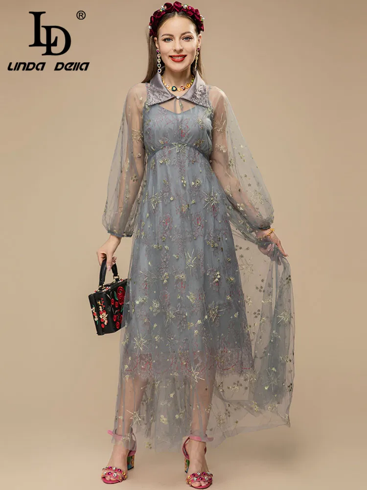 LD LINDA DELLA Fashion Designer Summer Long Mesh Dress Women Lantern Sleeve Floral Embroidery Vintage Vacation Party Dress