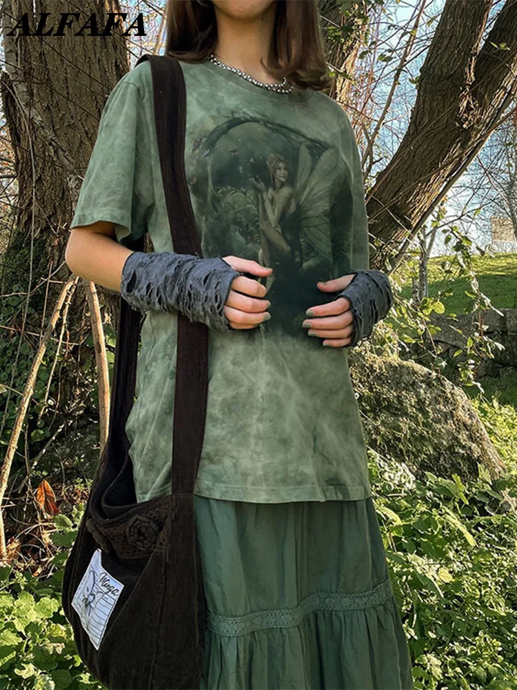 Fairy Grunge Clothing Women Vintage Tie Dye Print Loose T-shirt Aesthetic Summer Egirl Gothic Dark Green Elf Graphics Tee Top