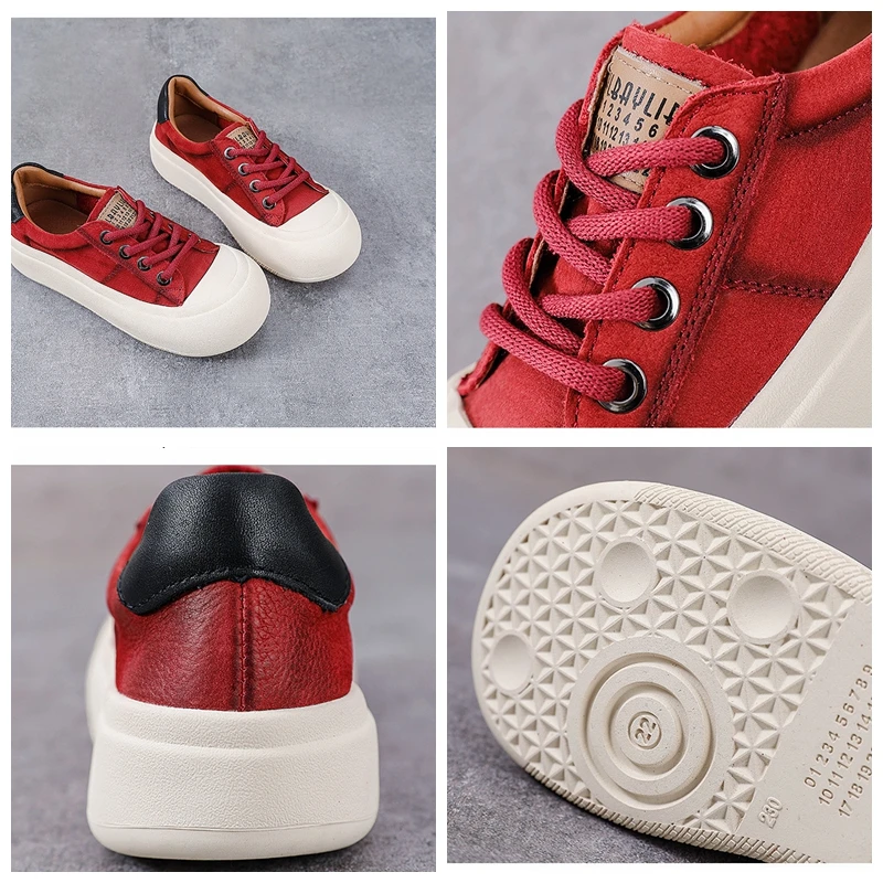 Autuspin 2023 Solid Color Cow Leather Women Sneakers Casual Flat Platform Ladies Four Season Lace-Up Shoes Outdoor Size 35-40