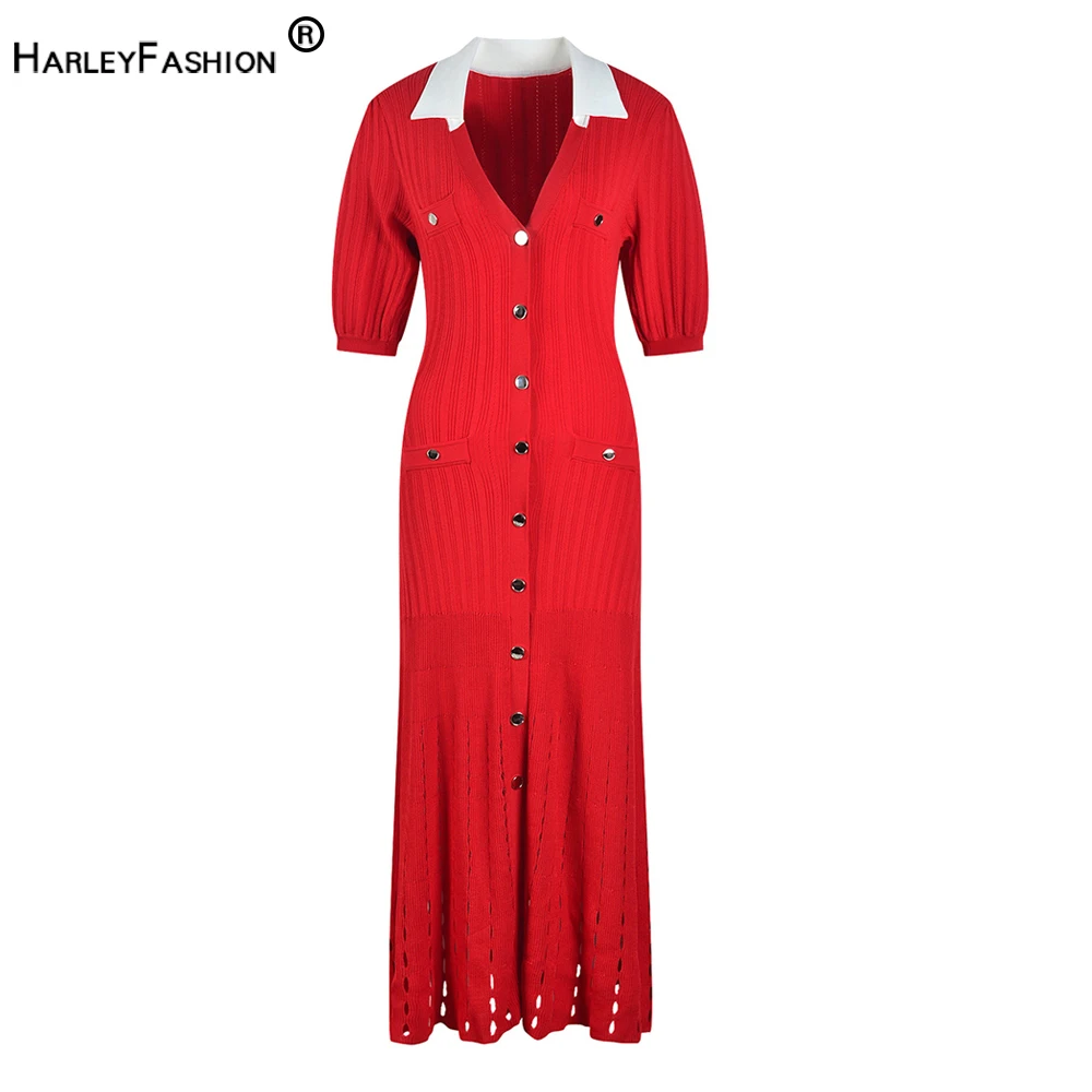 Summer Women Long Bright Red Knit Dress Puff Sleeve Polo Collar Sexy Fashion Design for Lady High Quality