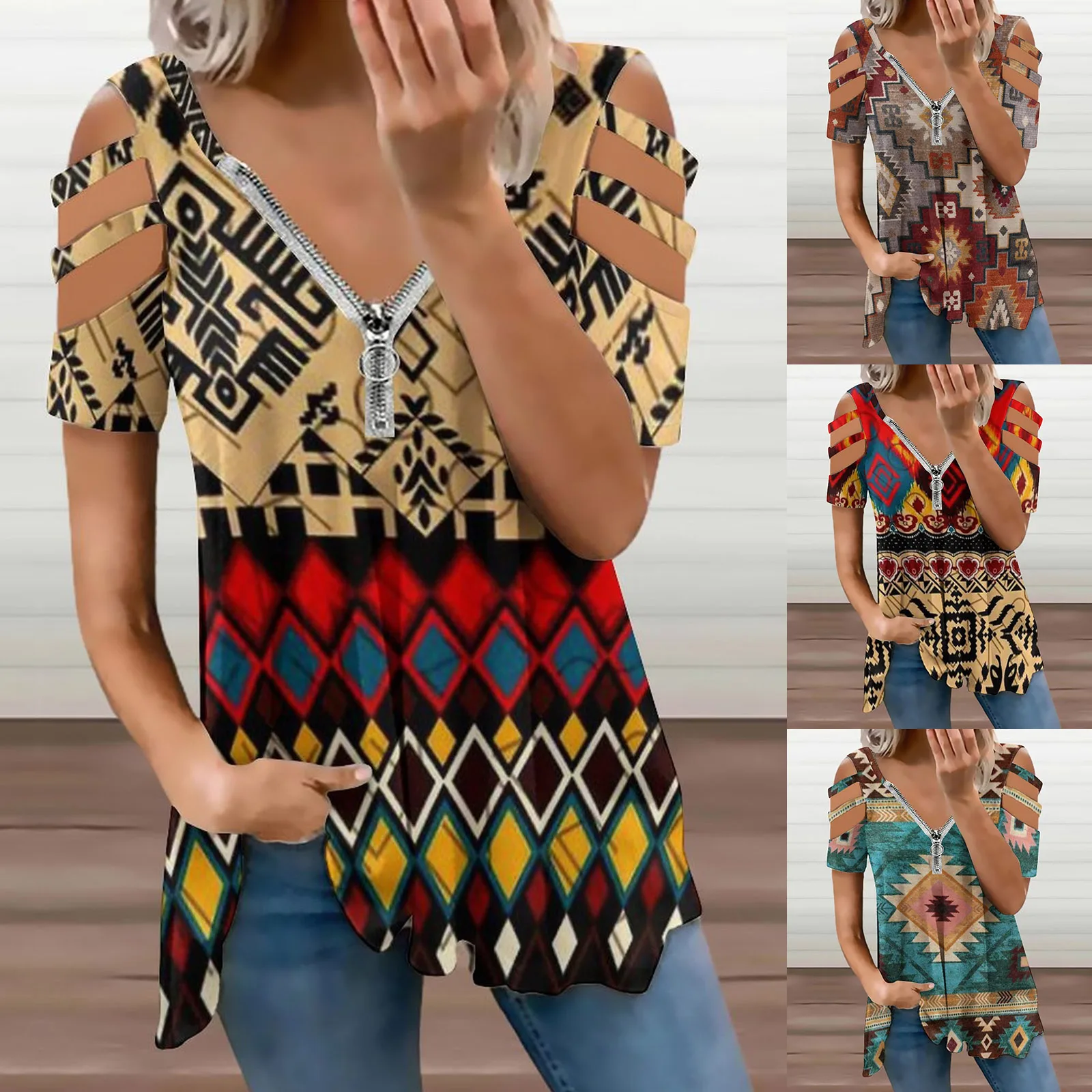 

Comfortable Blouse For Women Western Shirt Zipper Pullover Short Sleeve Color Block V Neck Women Long Sleeve Cotton T Shirt