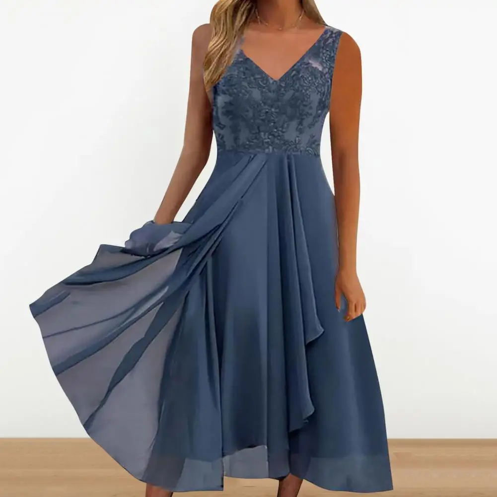 

Fashion Dress Loose Sleeveless V-Neck Printed Large Hem Dressing Up Breathable Women A Line Chiffon Cocktail Dress Party Wear