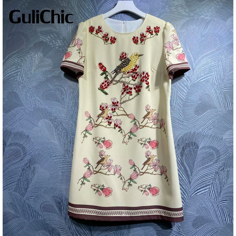 

6.24 GuliChic High Quality Fashion Flower Birdie Print Gorgeous Crystal Sequined Beading Elegant Dress Women