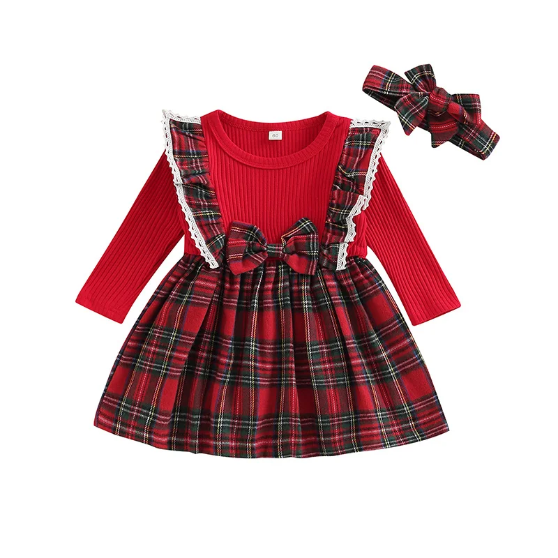 

Baby Girls Christmas Dress+Headband Set Lace Trim Plaid Print Ruffle Long Sleeve Ribbed Patchwork Dresses Party Princess Clothes