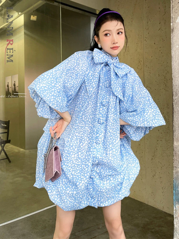 

LANMREM Sweet Blue Puff Sleeve Bow Dress Gentle Loose Stand Collar Ball Gown Above Knee Mini Dresses Female 2022 Summer 2N757