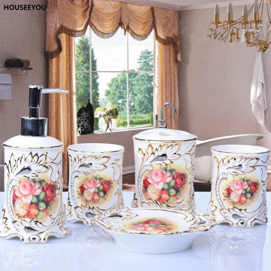 

European Ivory Painting Bathroom Accessories Set Ceramics Soap Dish Toothbrush Holders Soap Box Tooth Cup Home 5pcs/set
