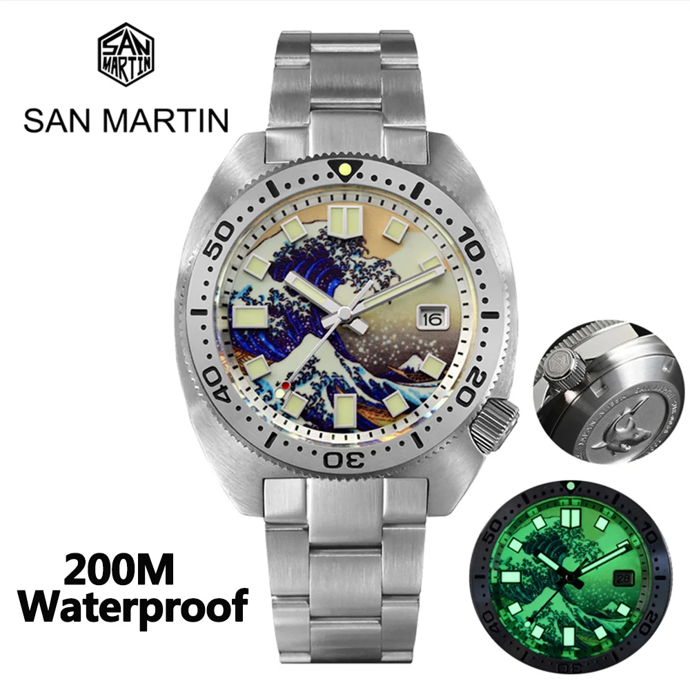 

San Martin New Men Diver Watch 6105 Turtle NH35 MOP Wave Kanagawa Surfing Dial Bracelet Automatic Mechanical Luxury Watches 200M