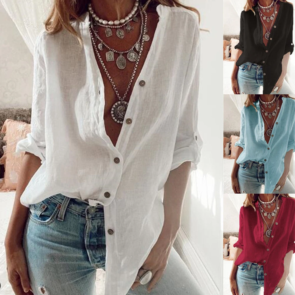 

Fashion Women Solid Color Blouse Long Sleeve Stand Collar Single-breasted Office Shirt S-5XL