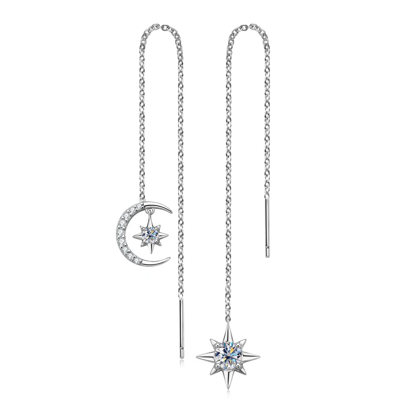 

IOGOU Star Moon 3mm&5mm Round VVS Moissanite Long Chain Drop Earrings for Women 925 Sterling Silver Original Engagement Jewelry