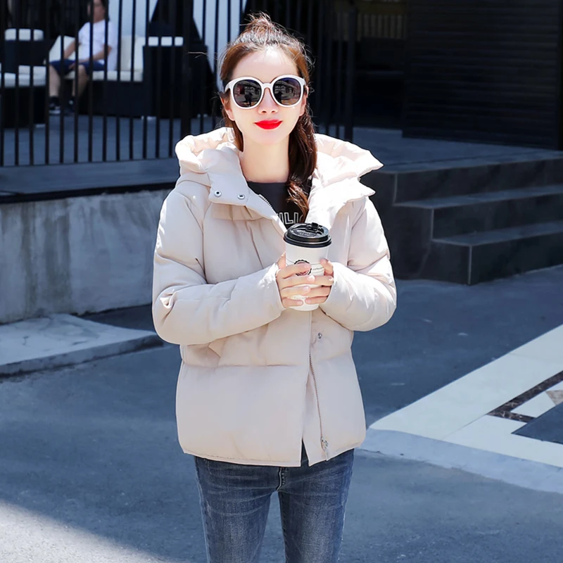 Women Thick Outerwear Solid Hooded Coats 2021 Winter Jackets Short Female Cotton Padded Bread Jacket Coat Stand Collar Overcoat