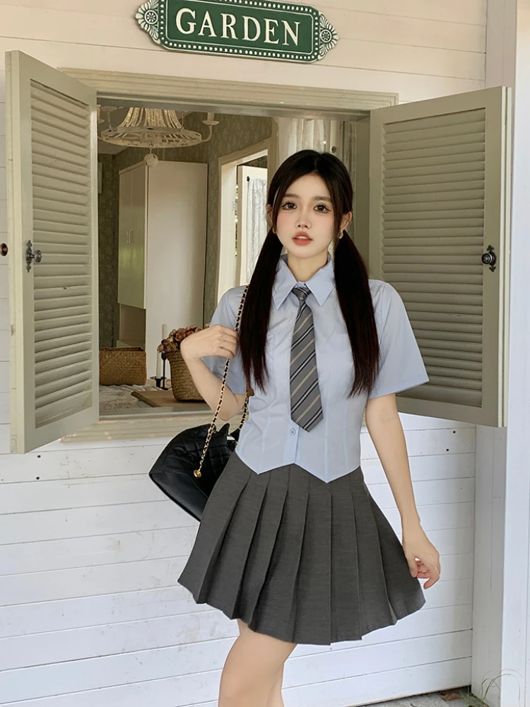 

Костюм Jk большого размера в стиле преппи, Женская японская голубая рубашка с галстуком, милая плиссированная мини-юбка, женский сексуальный школьный комплект из двух предметов