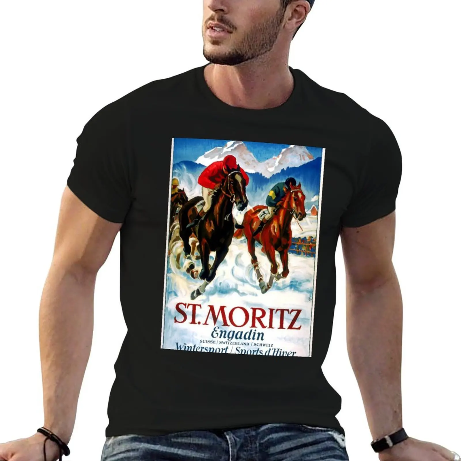 Фото Винтажная футболка в стиле ретро St. Moritz, простая праздничная футболка №1