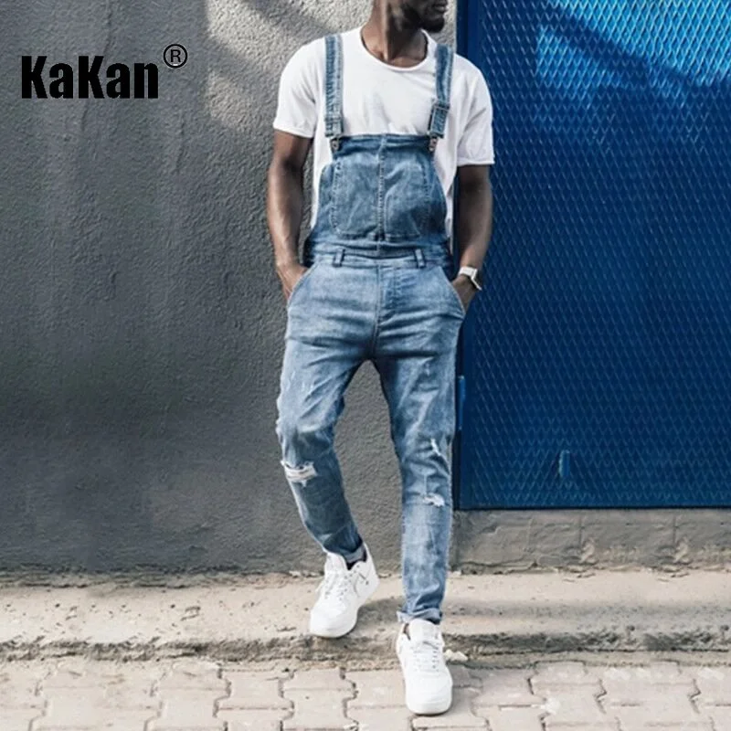 Kakan - European and American Men's Suspender Jeans, New Black Dark Blue Long Jeans K013-731