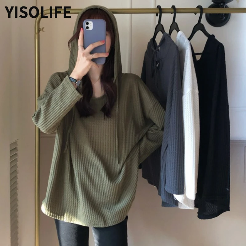 

YISOLIFE Women's Tops Spring Autumn Korean Version Loose And Lazy Thin Hooded Pullover Female Trendy Long Sleeve Top Clothes