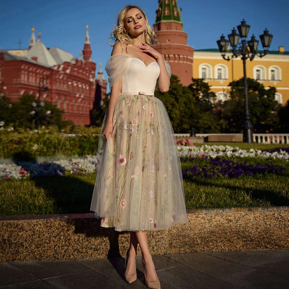 

ТРАПЕЦИЕВИДНОЕ Тюлевое платье для выпускного вечера длиной до середины икры винтажное вечернее платье с вышивкой аппликацией вечерние платья с открытыми плечами для выпускного вечера