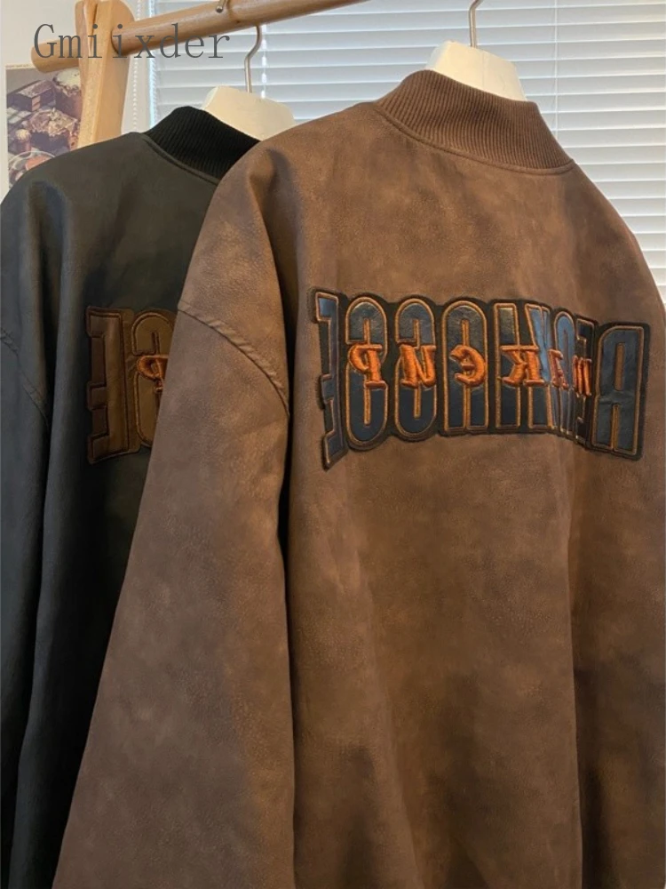 

Gmiixder Men High Street Bomber Jacket PU Leather Old Embroidered Baseball Uniforms Women Spring Designer Niche Vintgae Jackets