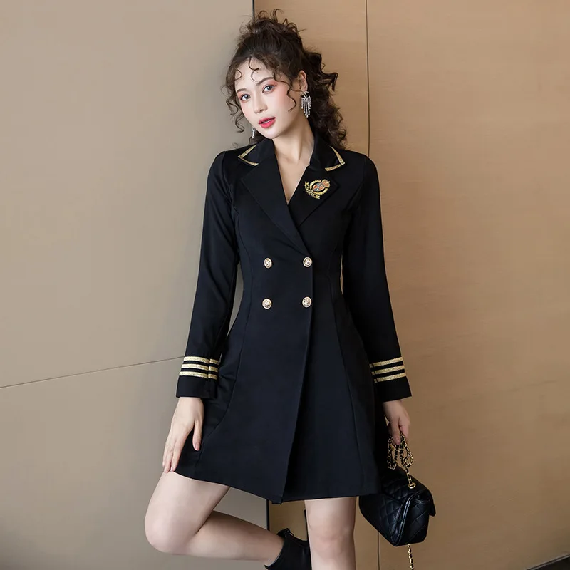 Black Uniform Style Blazer Women Dresses Double Breasted Slim Waist Long Sleeve Casual Suit Woman Plus Size Embroidery Blazers