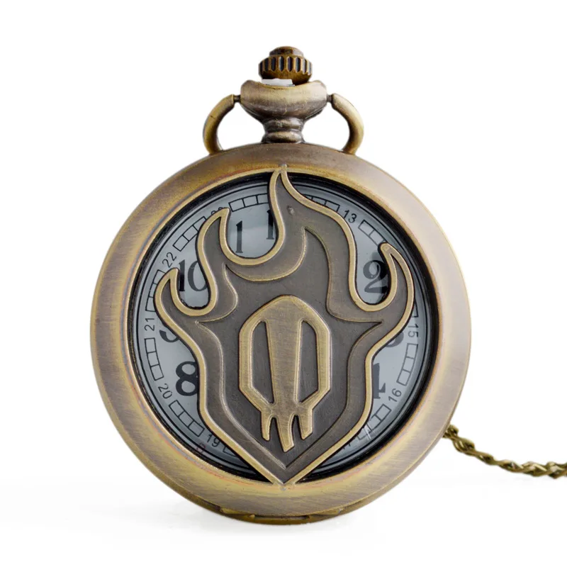 

Pocket Watch With Fire Skull Necklace Kurosaki Ichigo false Bleath bronze Pendant necklaces Best Gift For Man Women Bleach Gift