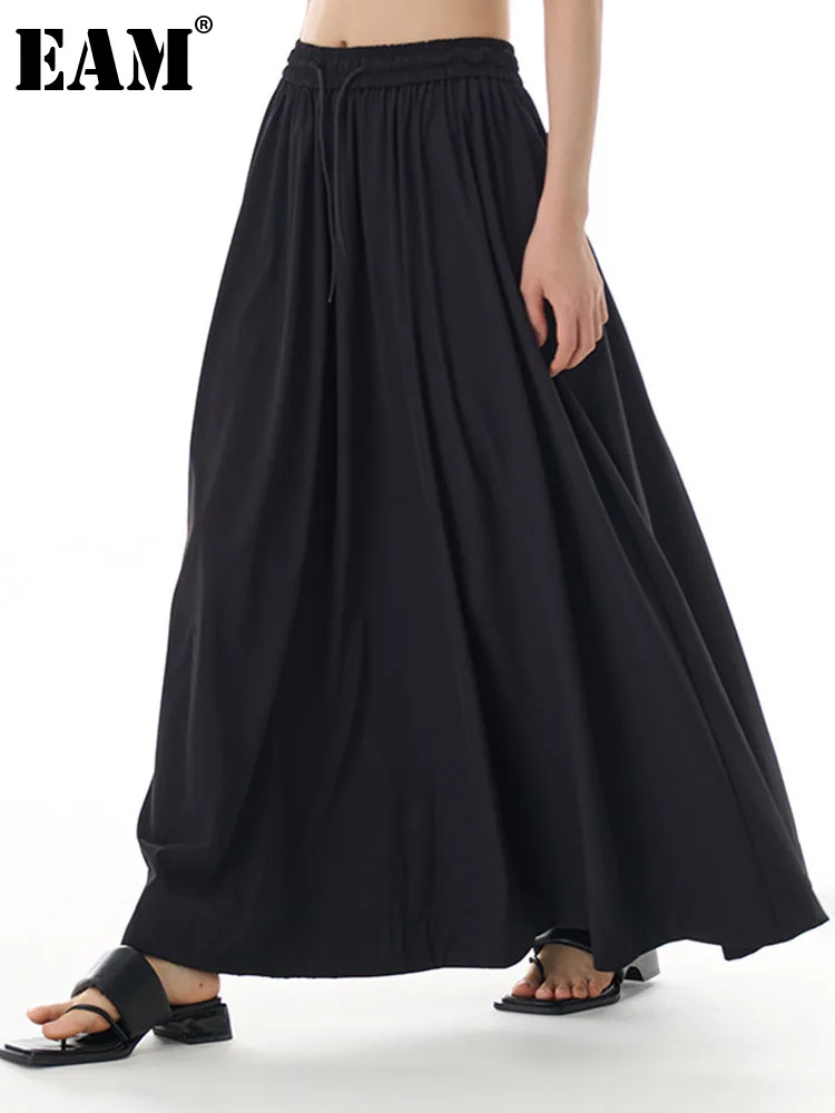 

[EAM] Women Black Drawstring Pleated Elegant Half-body Skirt High Elastic Waist Loose Fashion New Spring Summer 2023 1DF9180