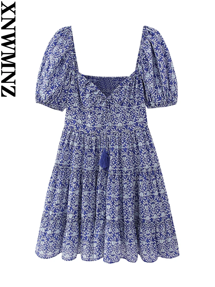 

XNWMNZ Women's Fashion 2023 Short Printed dress Women French Vintage Square Neck Bubble Short Sleeve Female Chic Dresses