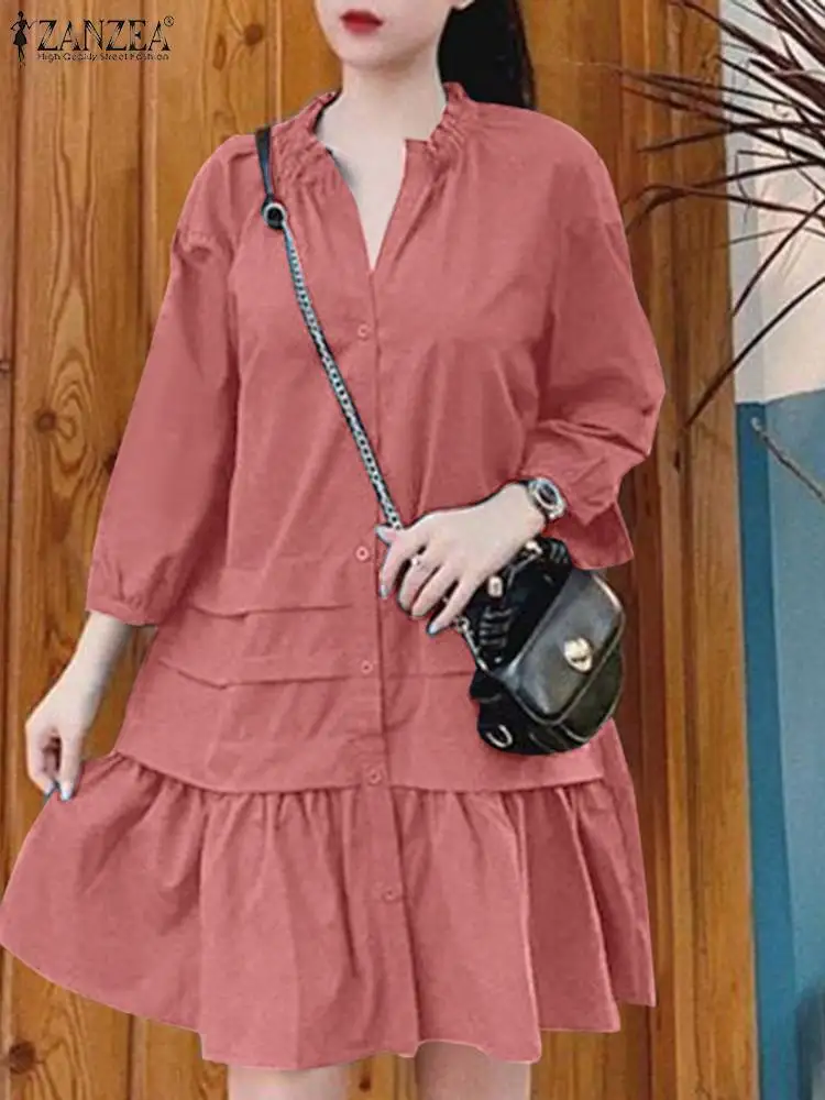 

ZANZEA Fashion 3/4 Puff Sleeve Dresses Women Solid Color Mini Dress Holiday V-neck Pleating Vestidos Autumn Buttons 2023 Robes