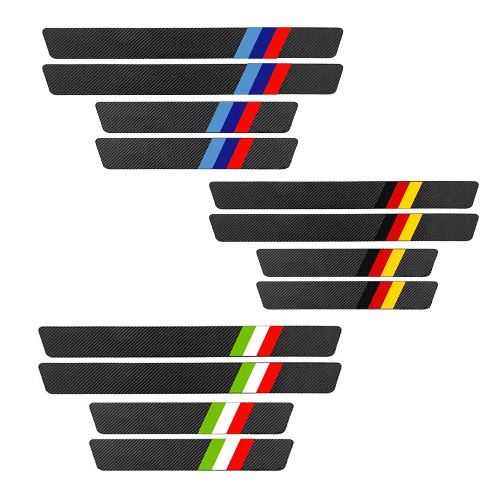 

4pcs Carbon Fiber 3 Tri-Colors Italy Germany Flag M Power Emblem Car Door Sill Stickers Protector Decal Leather Guard Step Cover