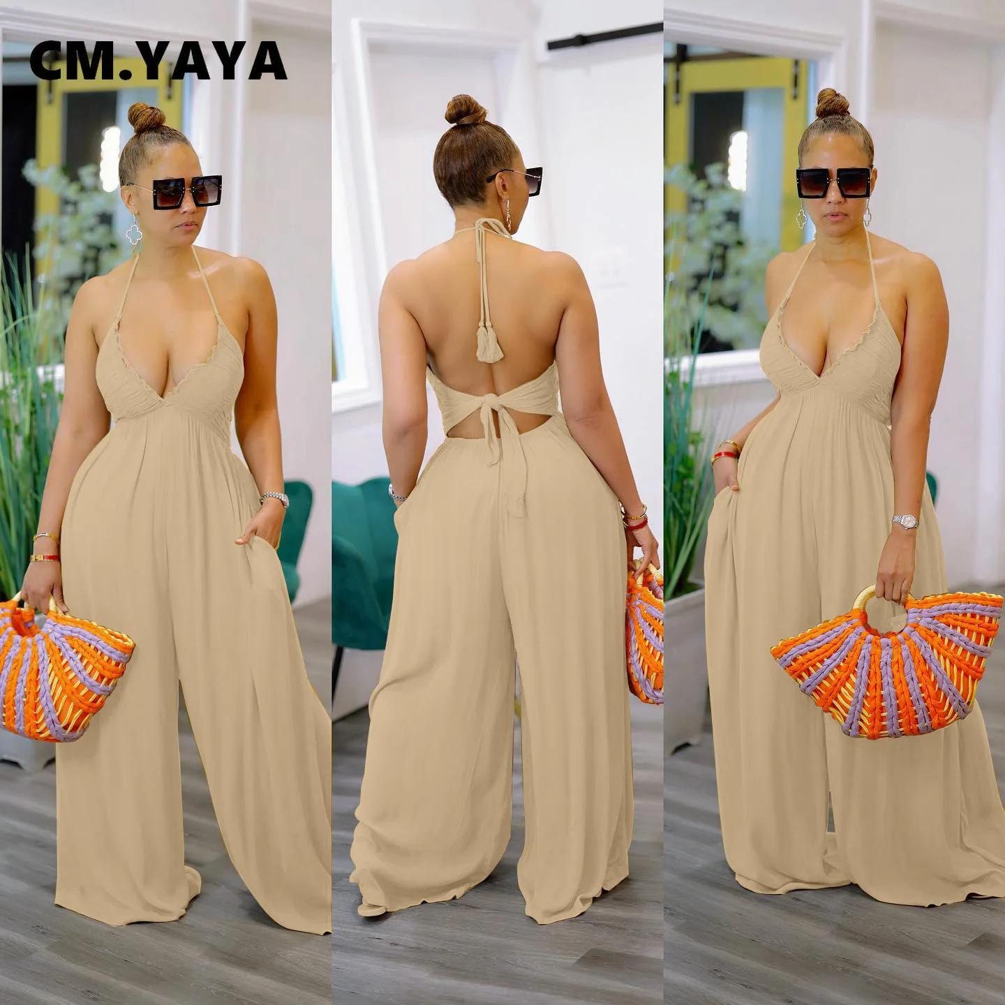Женский комбинезон без рукавов CM.YAYA элегантный пляжный с лямкой на шее открытой