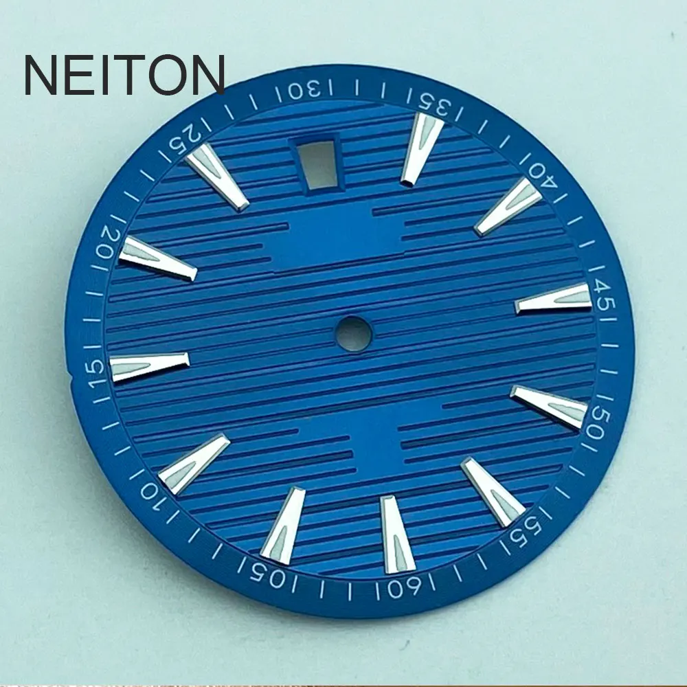 Фото NEITON 33,5 мм, синий, черный, белый циферблат для часов, зеленый, светящийся, подходит для NH35, NH36, циферблат для часов с механизмом, 6-часовой календарь, детали для часов №4