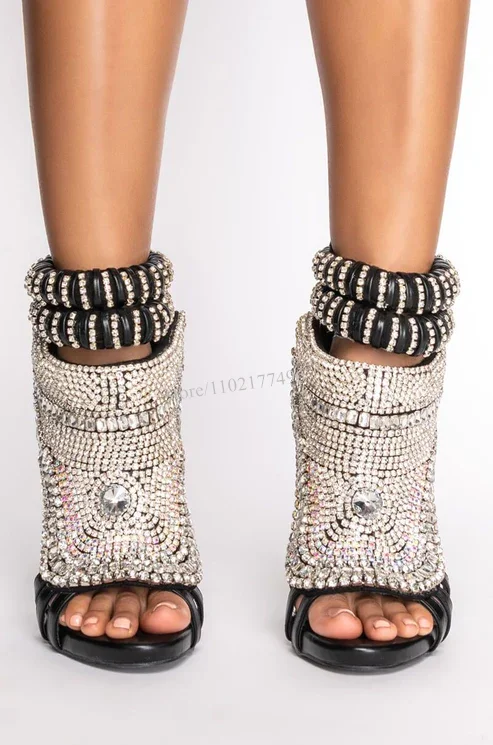 

Woman Bling Ethnic Crystal Stiletto Cover Heels Ankle Wrap Rhinestone Totem Design Peep Hollow Sandals Sexy Fashion Dress Shoes