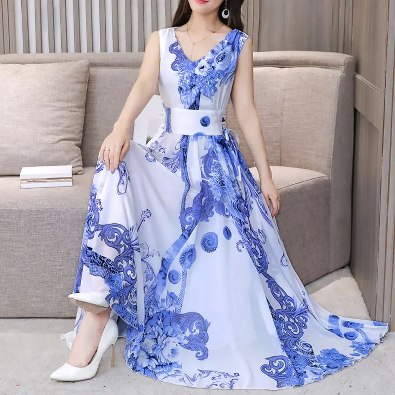 Платье женское пляжное шифоновое с V-образным вырезом длинный сарафан без