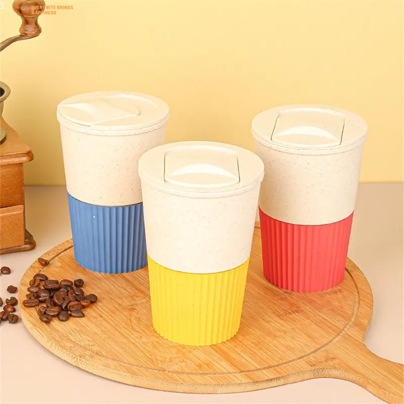 

350ml Wheat Straw Portable Coffee Mugs for Tea Outdoor Leakproof Drink Beer Water Cups with Cover Silicone Ring Travel Gift Cup