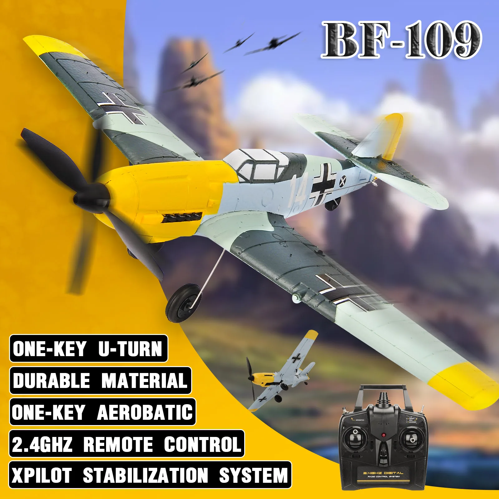 

Remote Control Airplane BF109 2.4GHz 4CH 400mm Wingspan One Key U-Turn Aerobatic RC Plane glider RC Warbird Gift Toys 761-11