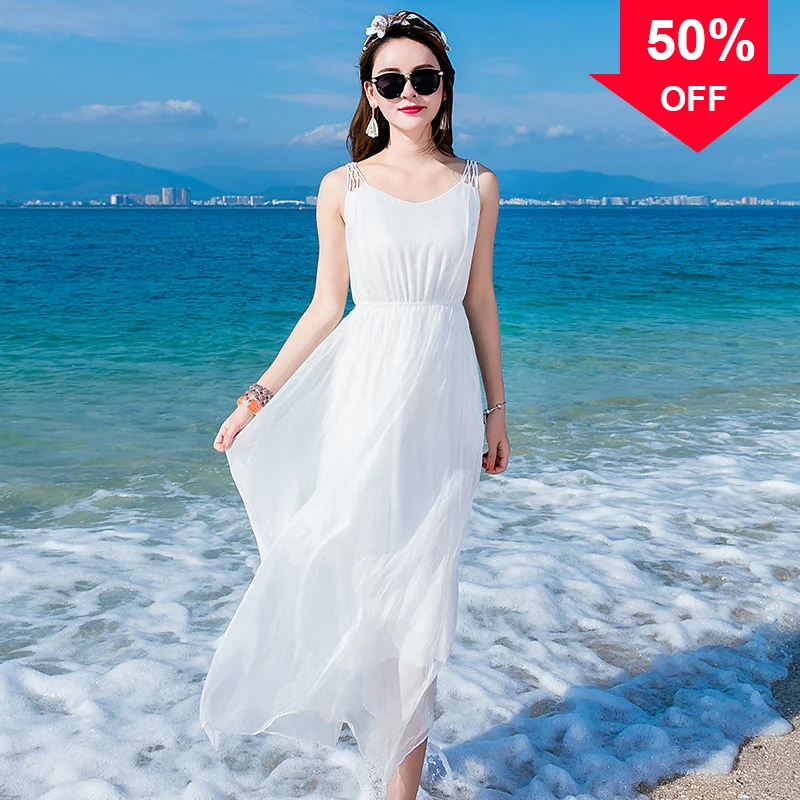 

Aoottii Women Long Summer Dress Real Silk White Dress Boho Beach Party Dresses Sleeveless Sexy Vestidos Casual Clothes 01532