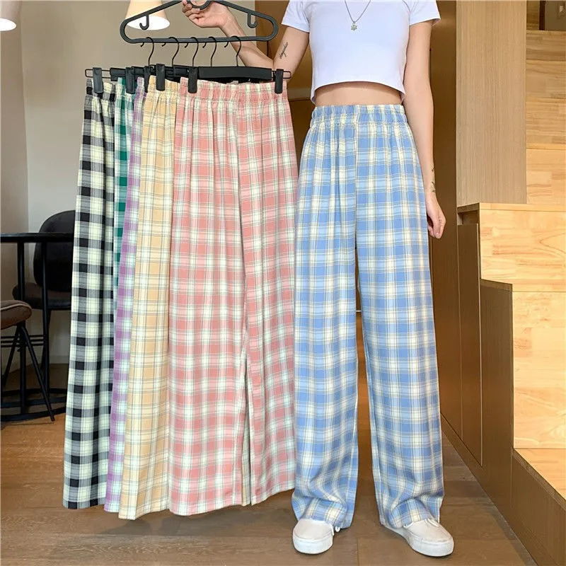 

Vintage Baggy Plaid Pants for Women Korean Fashion Drawstring Wide Leg Trouser Girls Spring Y2k Loose High Waist Streetwear