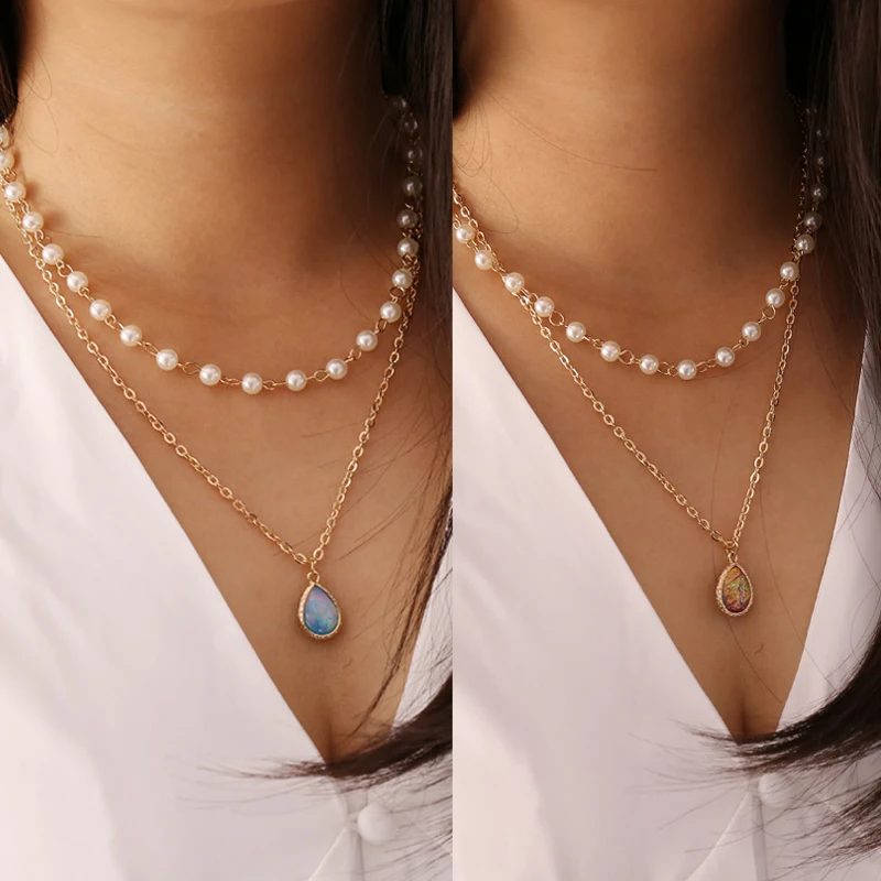 

Pearl Semi-precious Stone Multi-layer Necklace Female Creative Ins Ladies Collarbone Stainless Steel Necklaces for Women