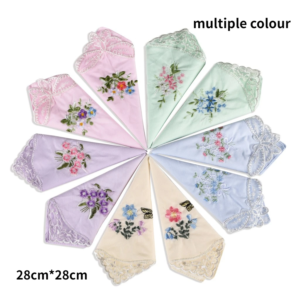 

3PCS Luxury Cotton Women Hankies Embroidered Lace Flower Hanky Floral Random Color Cloth Ladies Handkerchief Fabrics